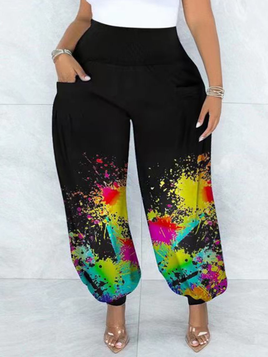 

LW Plus Size Splash-ink Design Wide Fit Pants, Black