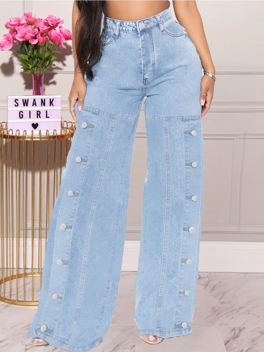 

Lovely Button Design High-waisted Wide Leg Jeans, Baby blue