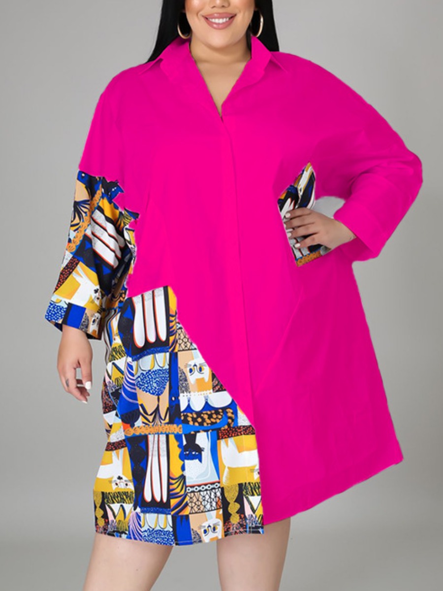 

LW Plus Size Dropped Shoulder Patchwork Shirt Dress, Rose red