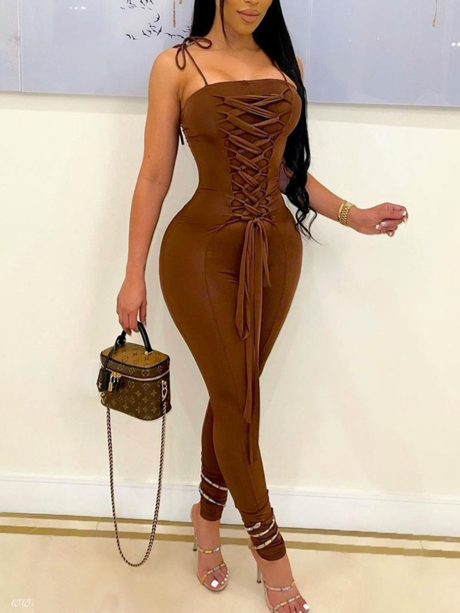 

LW Plus Size Bandage Design Bodycon One-piece Jumpsuit, Brown