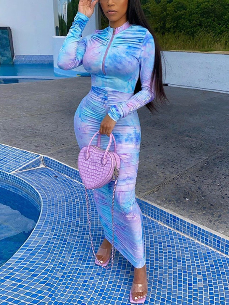 

LW Tie-dye Ruched Bodycon Dress, Blue