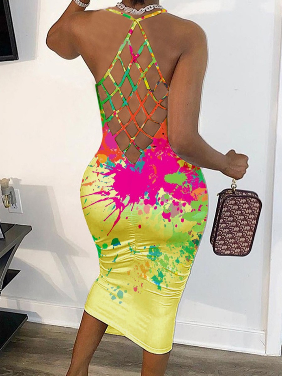 

LW SXY Splash-ink Design Backless Cami Dress, Yellow