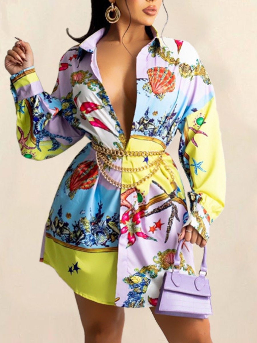 

LW Dropped Shoulder Mixed Print Shirt Dress (With Body Chain), Multi