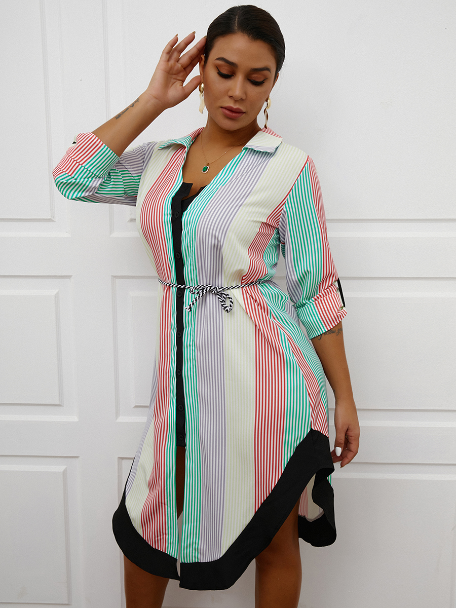 

LW Turndown Collar Striped Shirt Dress, Stripe