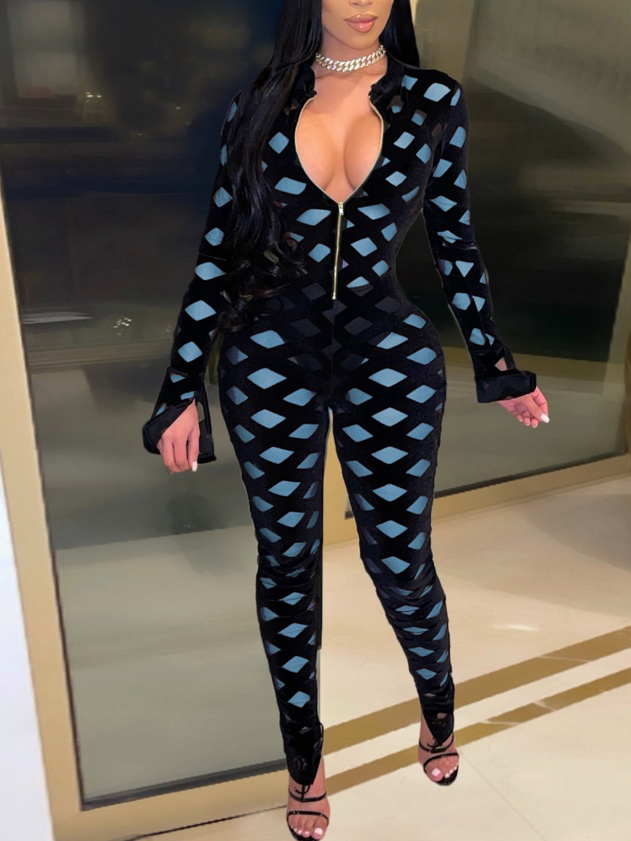 

LW SXY Mesh Zipper Design One-piece Jumpsuit, Blue