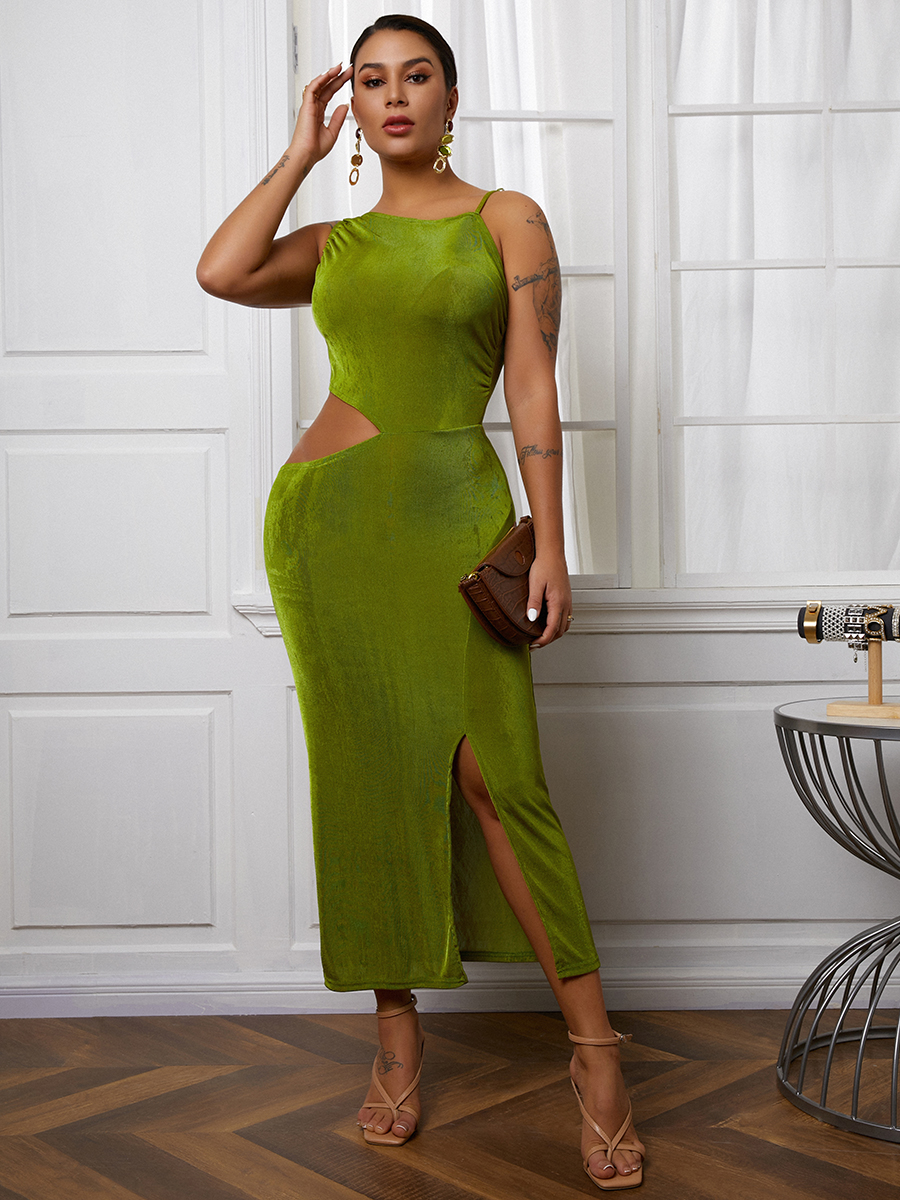 

Lovely One Shoulder Hollow-out Slit Dress, Green