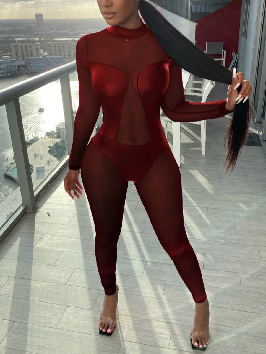 

Lovely Half A Turtleneck See-through One-piece Jumpsuit, Wine red