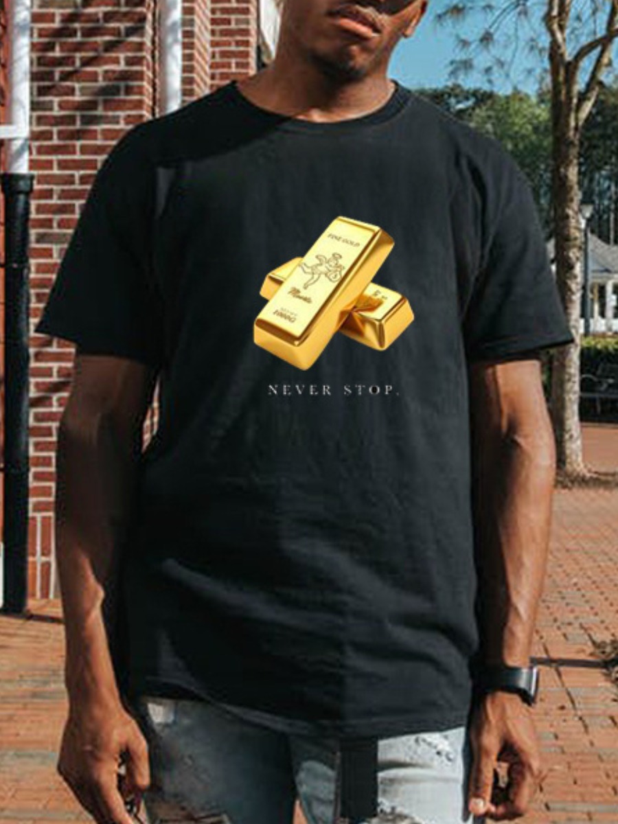 

Lovely Men Gold Bar Letter Print T-shirt, Black