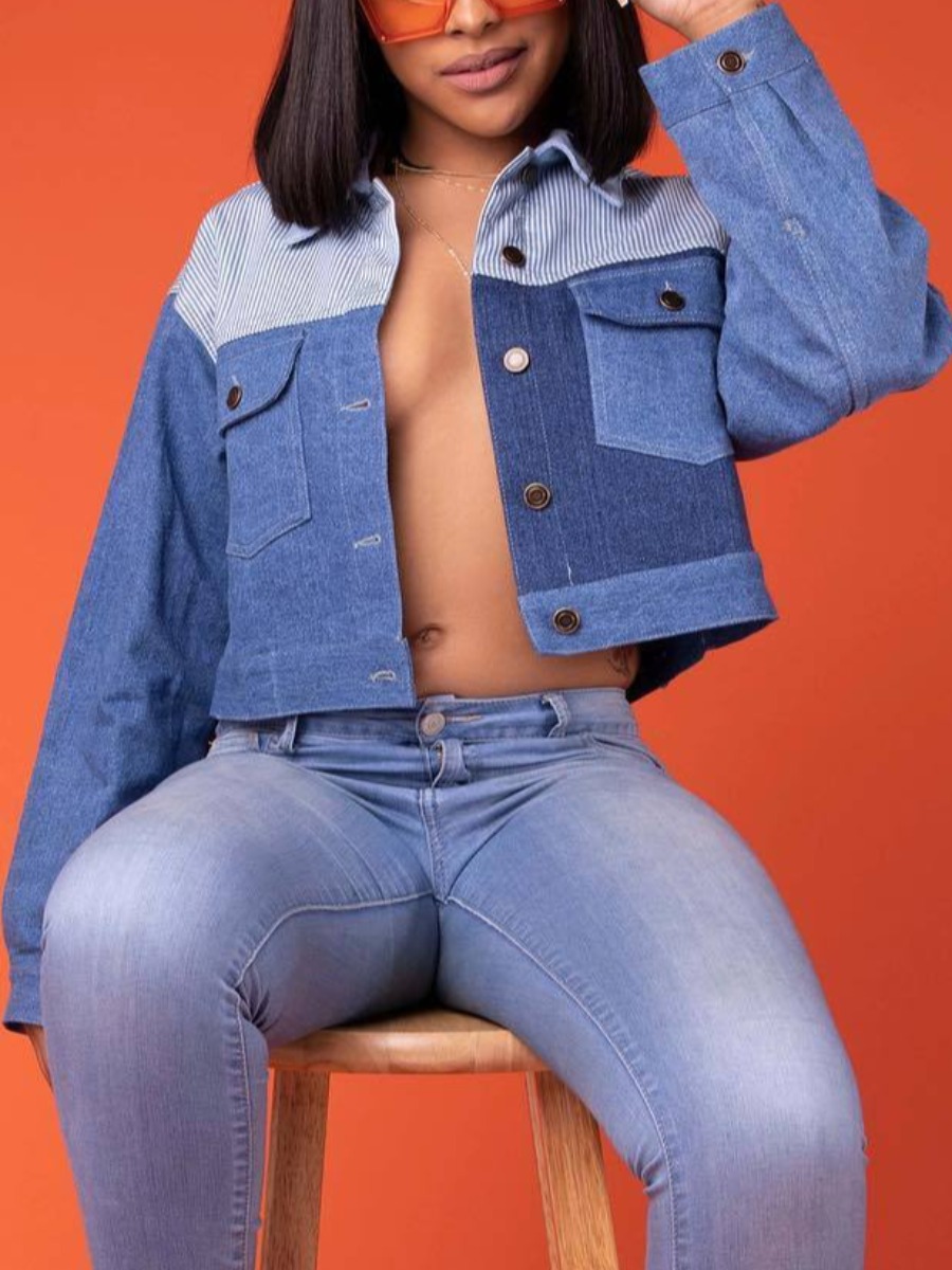 

Lovely Striped Patchwork Denim Jacket, Blue