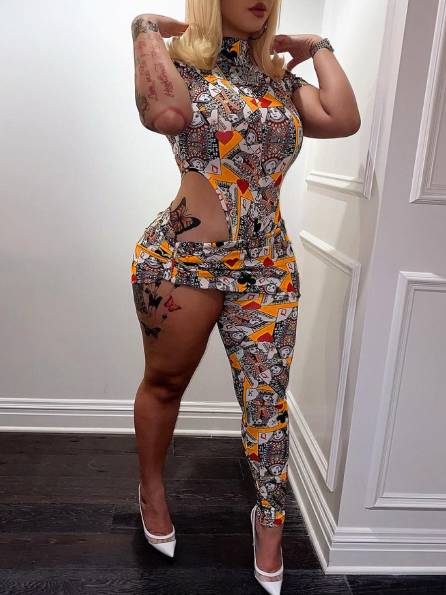 

LW Poker Print Asymmetrical Two Piece Pants Set, Croci
