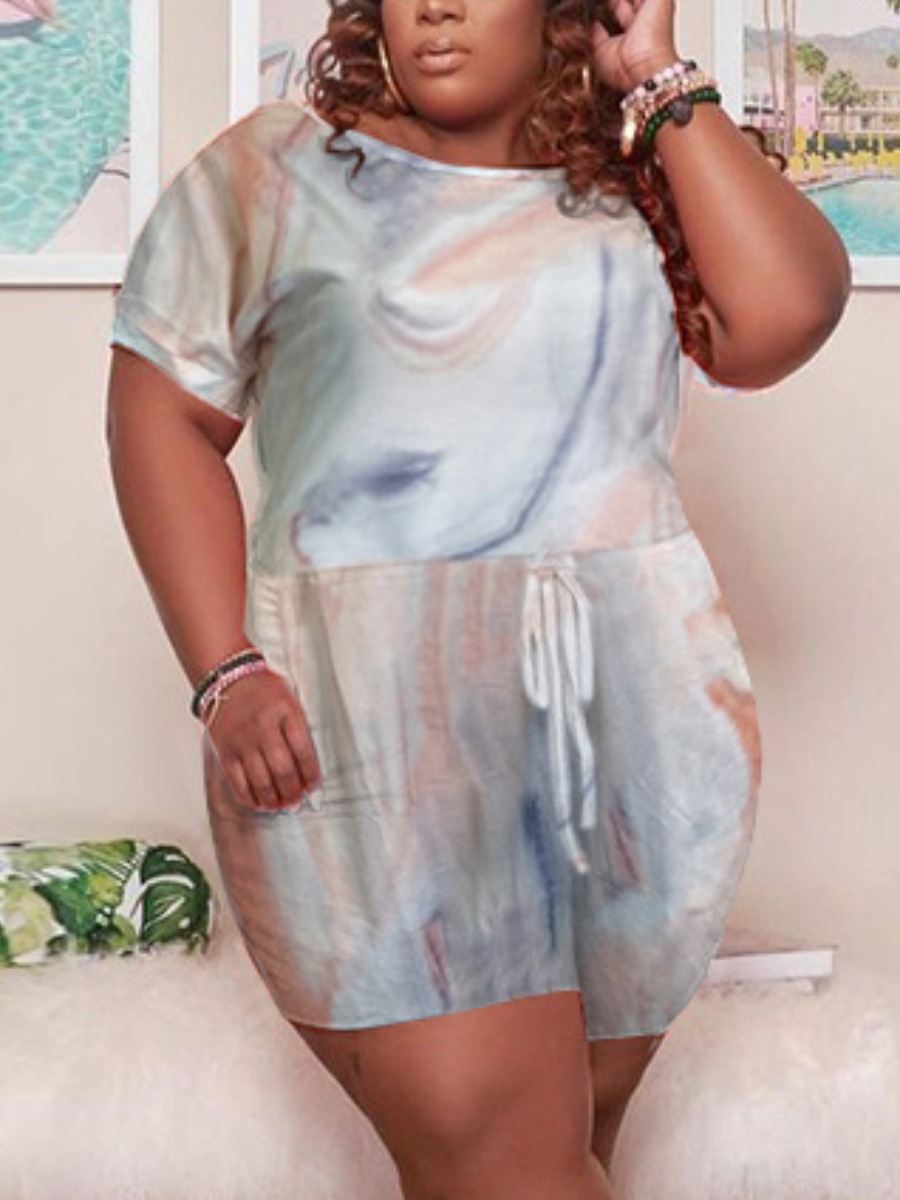 

Lovely Plus Size Tie-dye Drawstring One-piece Romper, Light grey