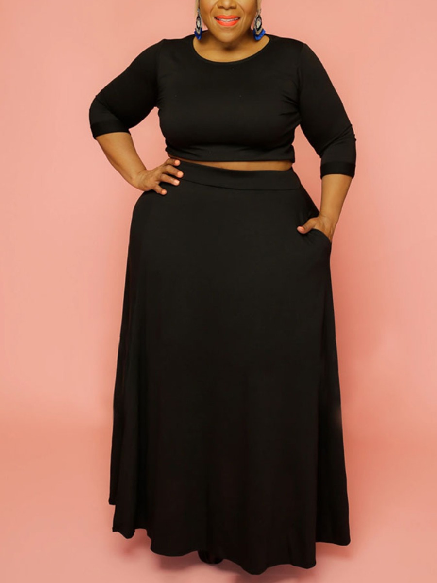 

Lovely Plus Size Round Neck Elastic Two-piece Skirt Set, Black