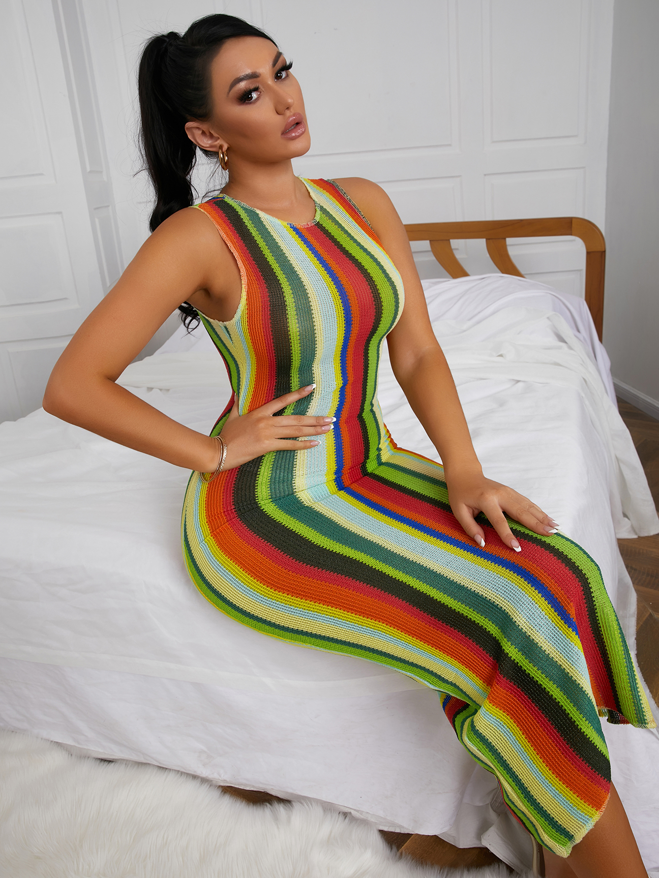 

Lovely Round Neck Striped Dress, Multicolor stripe