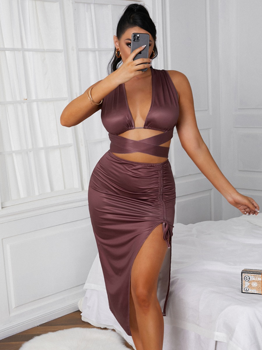 

LW SXY Backless Drawstring Bandage Design Two Piece Skirt Set, Auburn