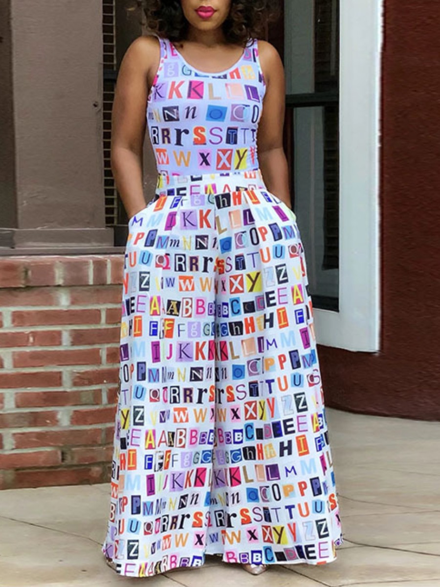 

LW Letter Print Wide Leg One-piece Jumpsuit, White