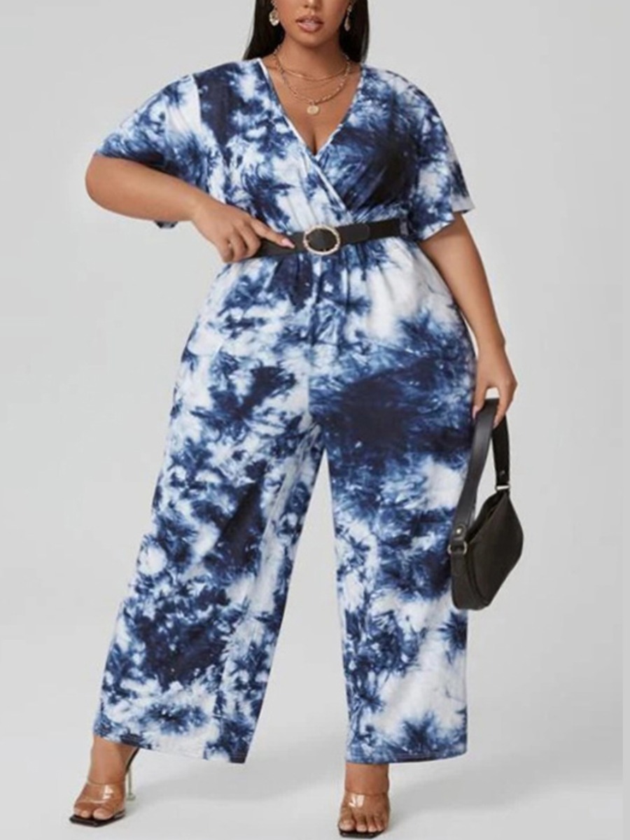

Lovely Plus Size Tie-dye Wide Leg One-piece Jumpsuit (Without Belt), Dark blue