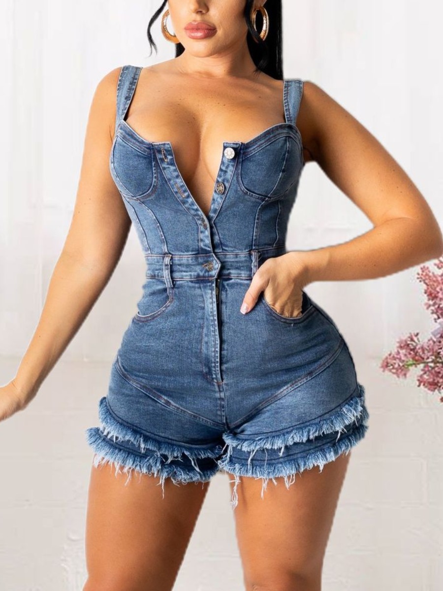 

LW BASIC Raw Edge Button Design One-piece Denim Romper, Blue