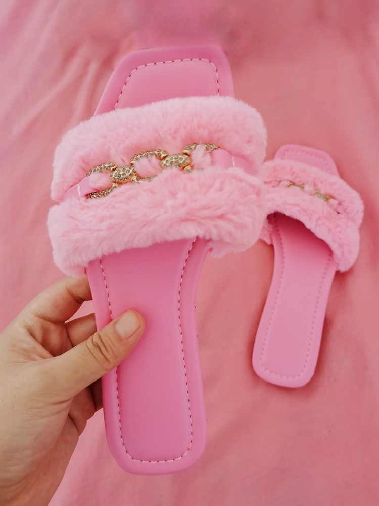 

LW Plush Square-toe Slippers, Pink