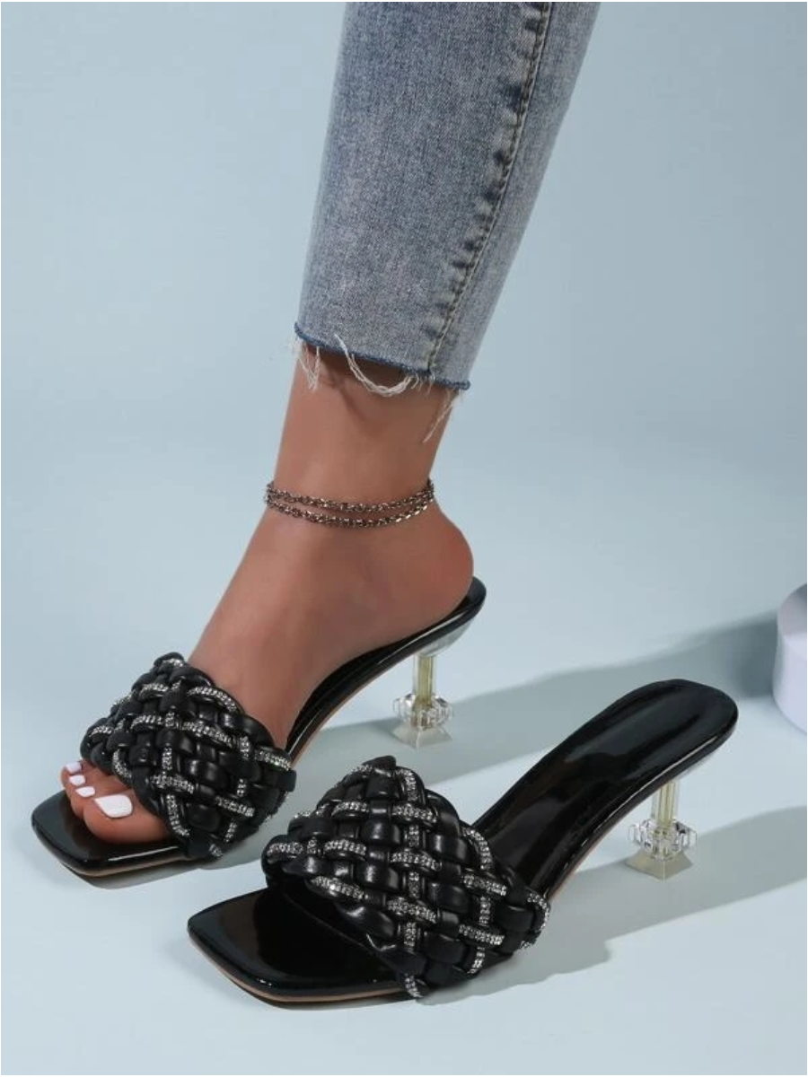 

Lovely Rhinestone Heel Braided Sandals, Black