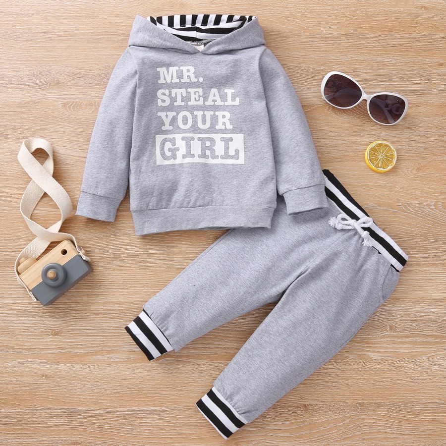 

Lovely Girl Letter Print Striped Two Piece Pants Set, Light grey