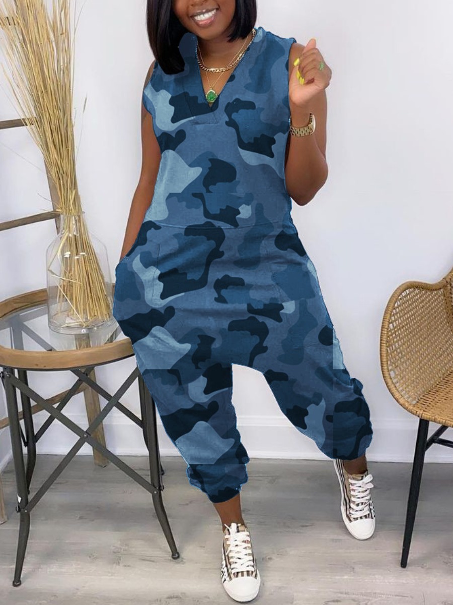 

LW V Neck Camo Print One-pieece Jumpsuit, Blue