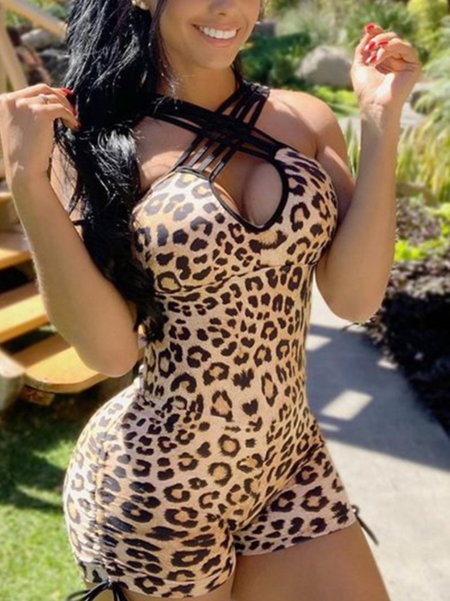 

Lovely Leopard Print Backless Cross Strap One-piece Romper