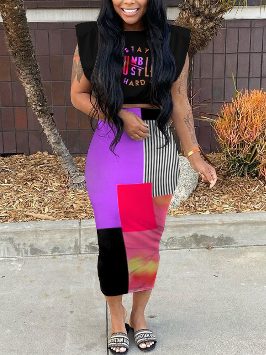 

LW Letter Print Striped Patchwork Two Piece Skirt Set, Purple