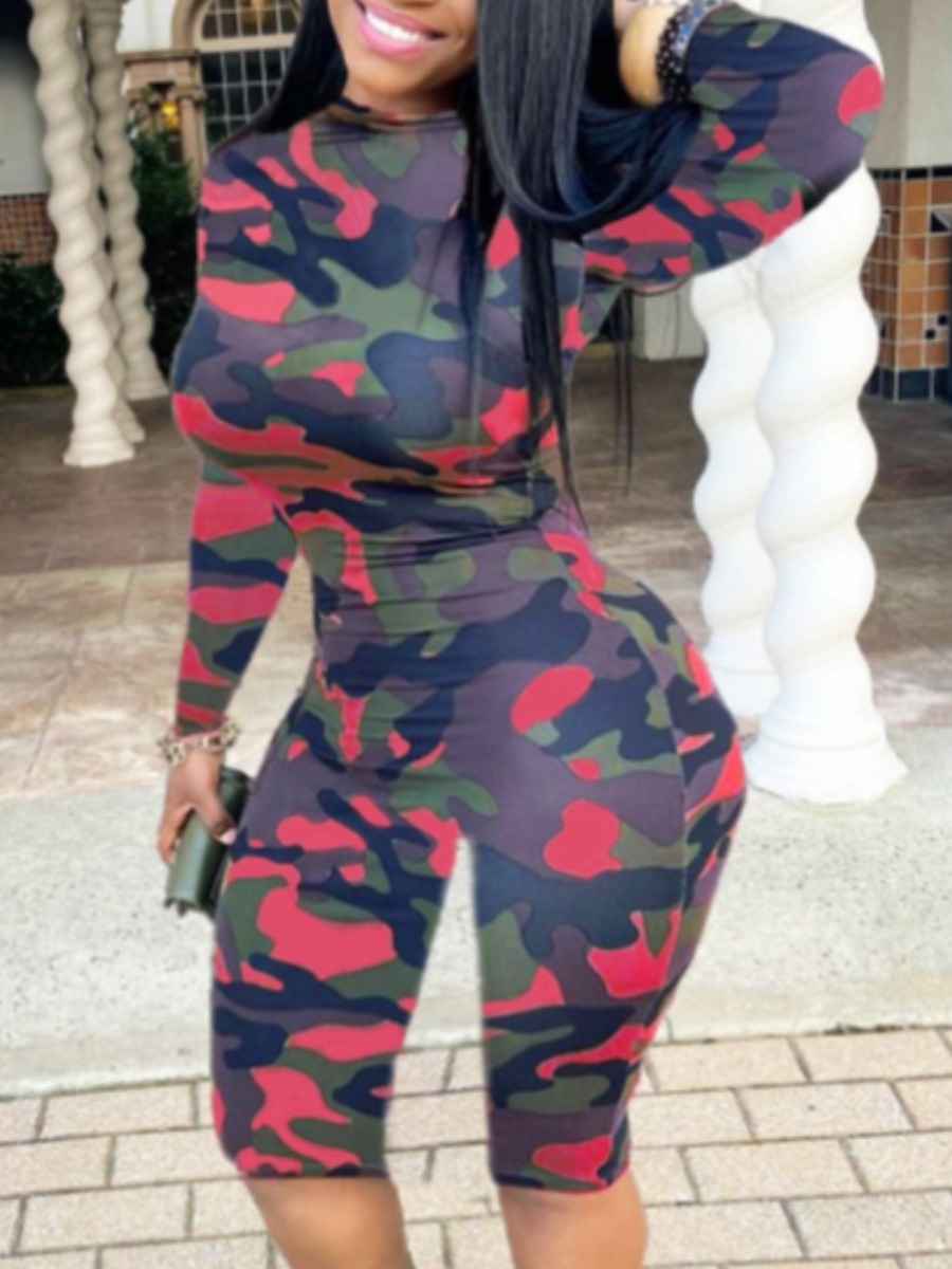 

Lovely Round Neck Camo Print One-piece Romper, Red