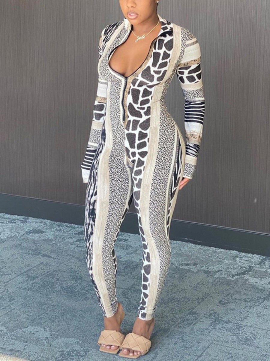 

Lovely Animal Print Patchwork One-piece Jumpsuit, Khaki