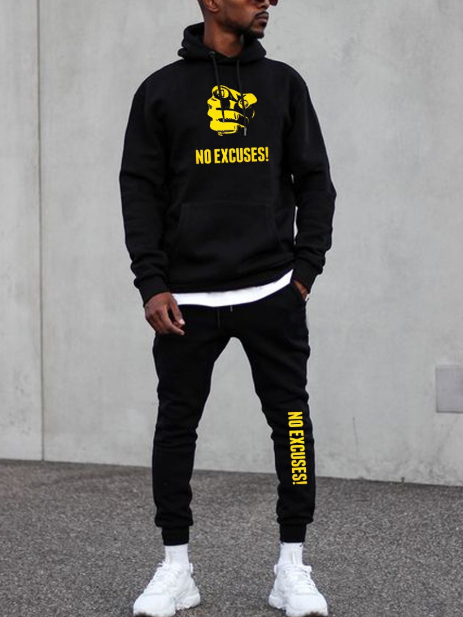

LW Men Hooded Collar Letter Print Oversized Two Piece Pants Set, Black
