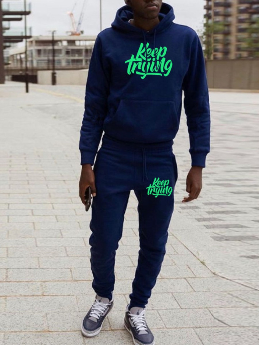 

LW Men Hooded Collar Letter Print Oversized Two Piece Pants Set, Navy blue