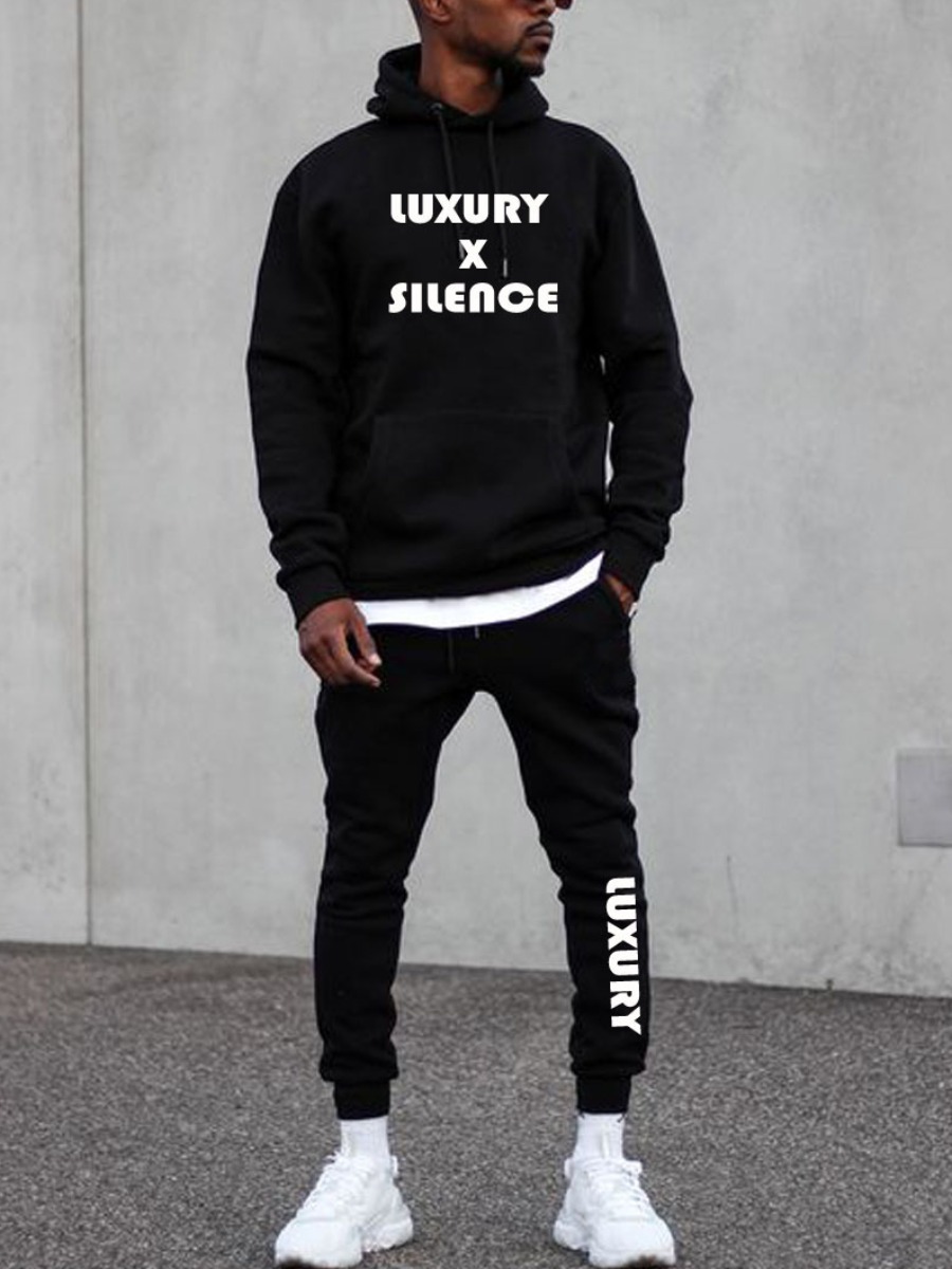 

Lovely Men Letter Print Drawstring Oversized Two Piece Pants Set, Black