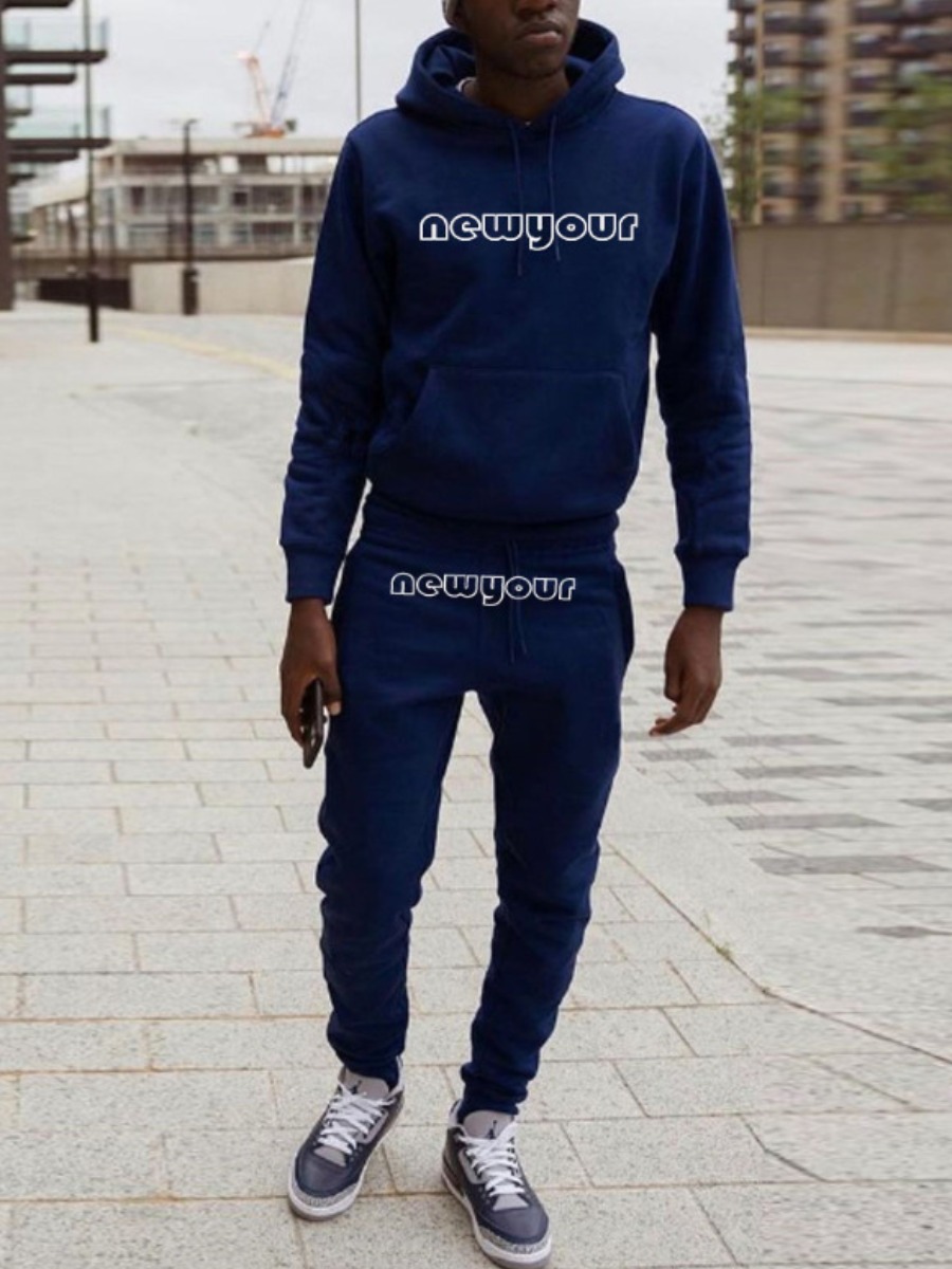 

Lovely Men Hooded Collar Letter Print Oversized Two Piece Pants Set, Navy blue