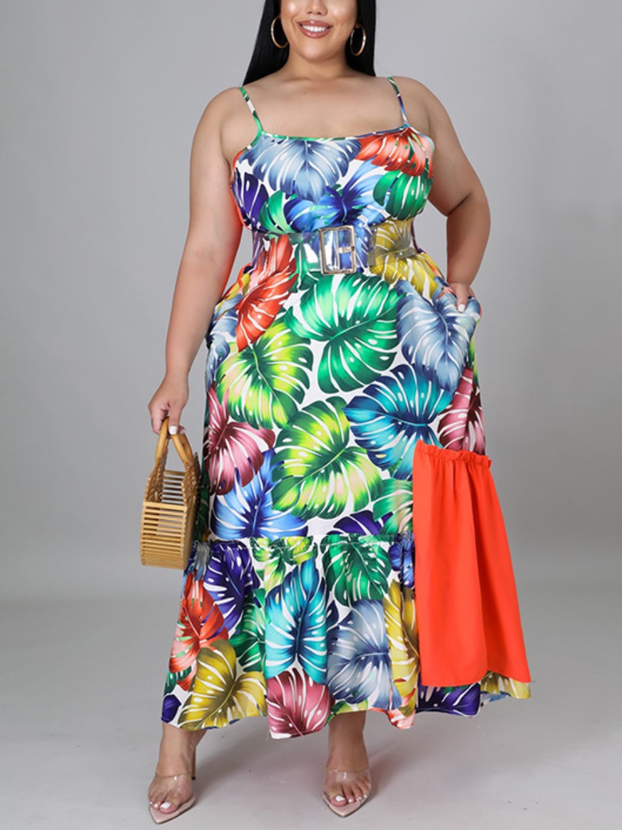 

Lovely Plus Size Floral Print Ruffle Design Cami Dress, Orange