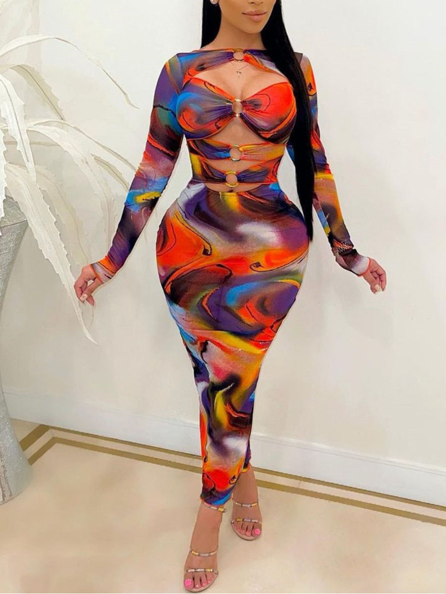 

Lovely Ring Detail Hollow-out Tie-dye Dress, Multi