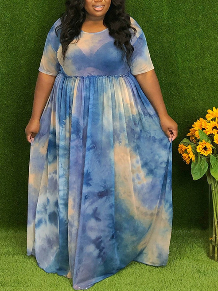 

LW Plus Size Tie-dye Fold Design A Line Dress, Blue