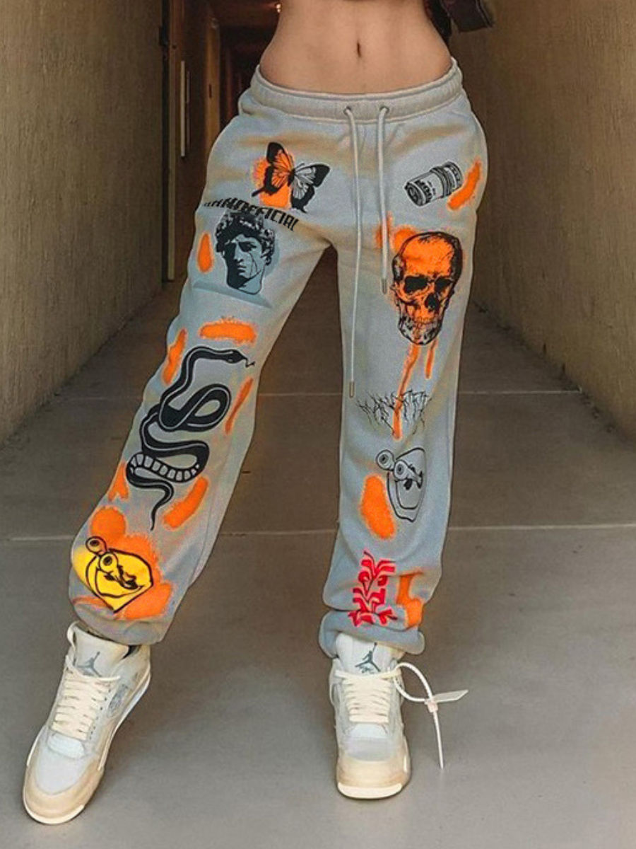 

LW BASICS Letter Skull Head Print Drawstring Pants, Grey