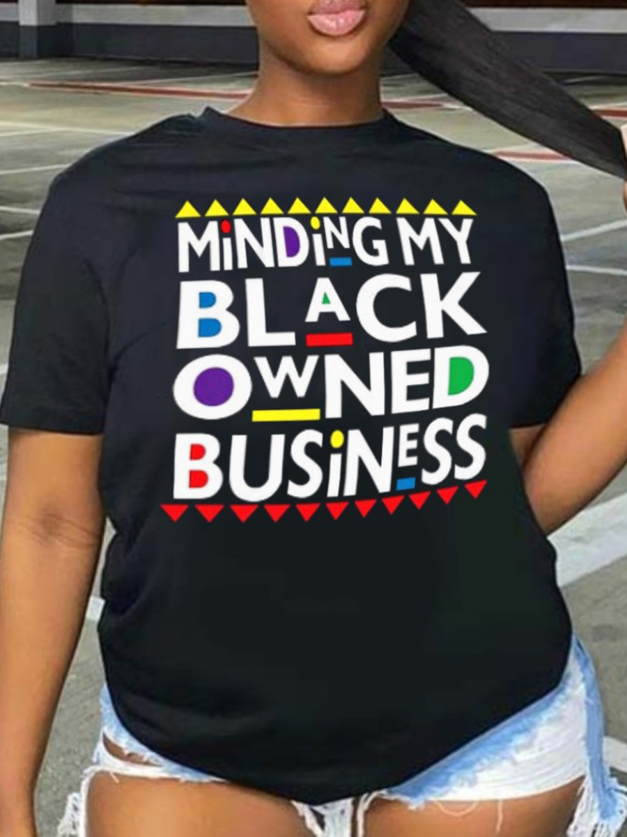 LovelyWholesale Plus Size Geometric Letter Print T-shirt Summer Short Sleeve Casual Basic Round Neck  5X Spring Summer 2024