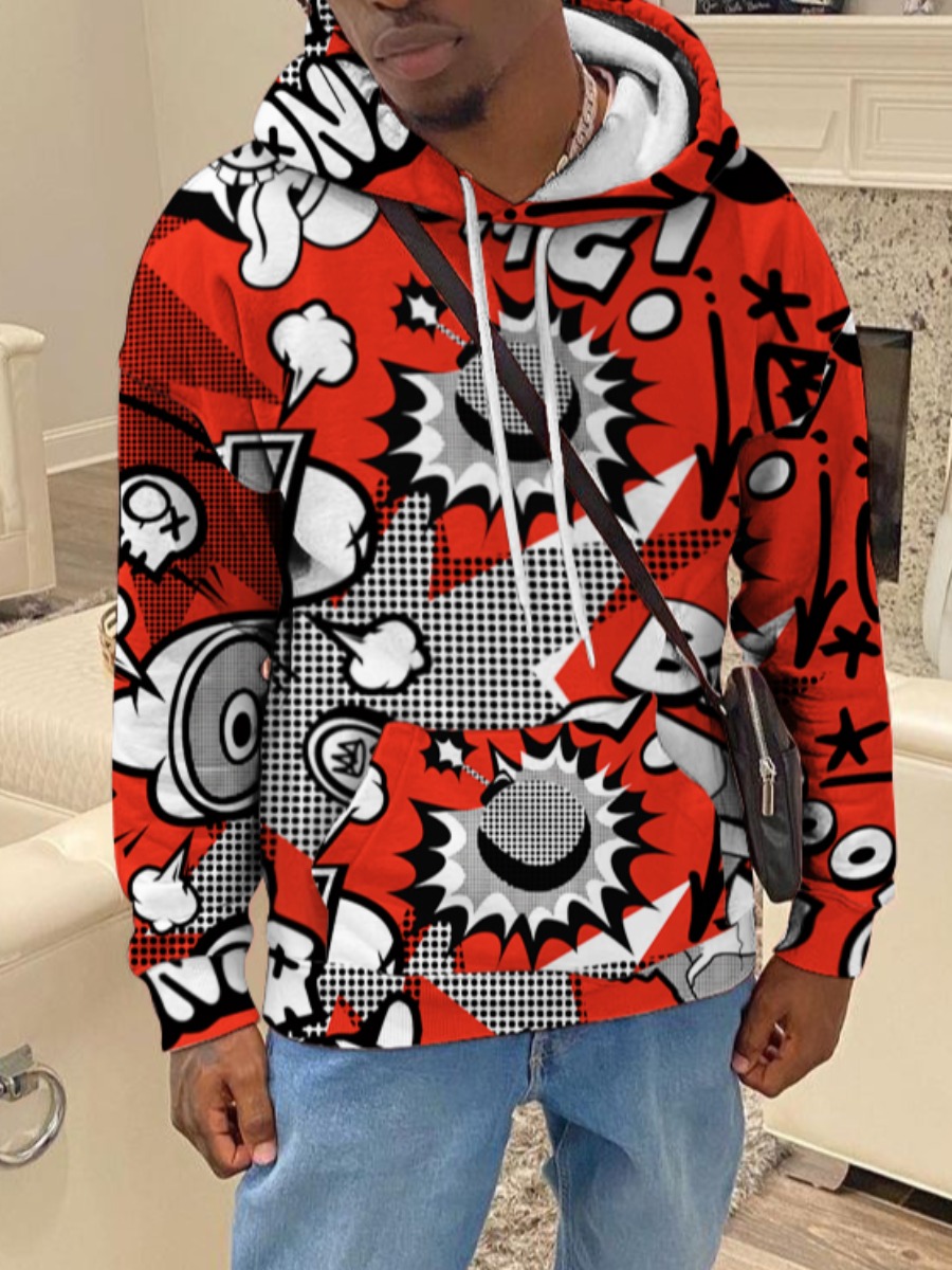 

LW Men Cartoon Letter Print Oversized Hoodie, Red