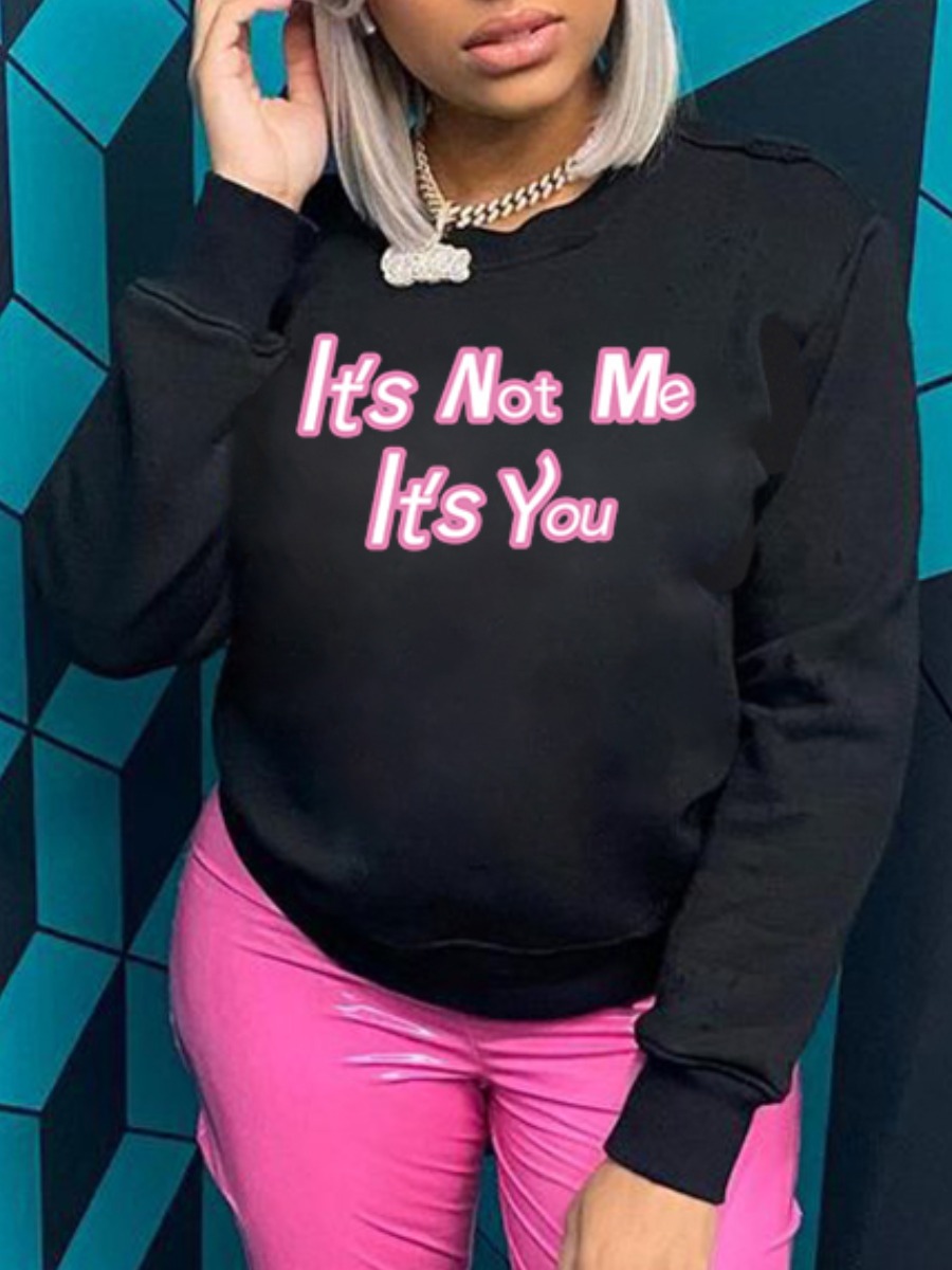 

LW Round Neck Letter Print Hoodie, Black