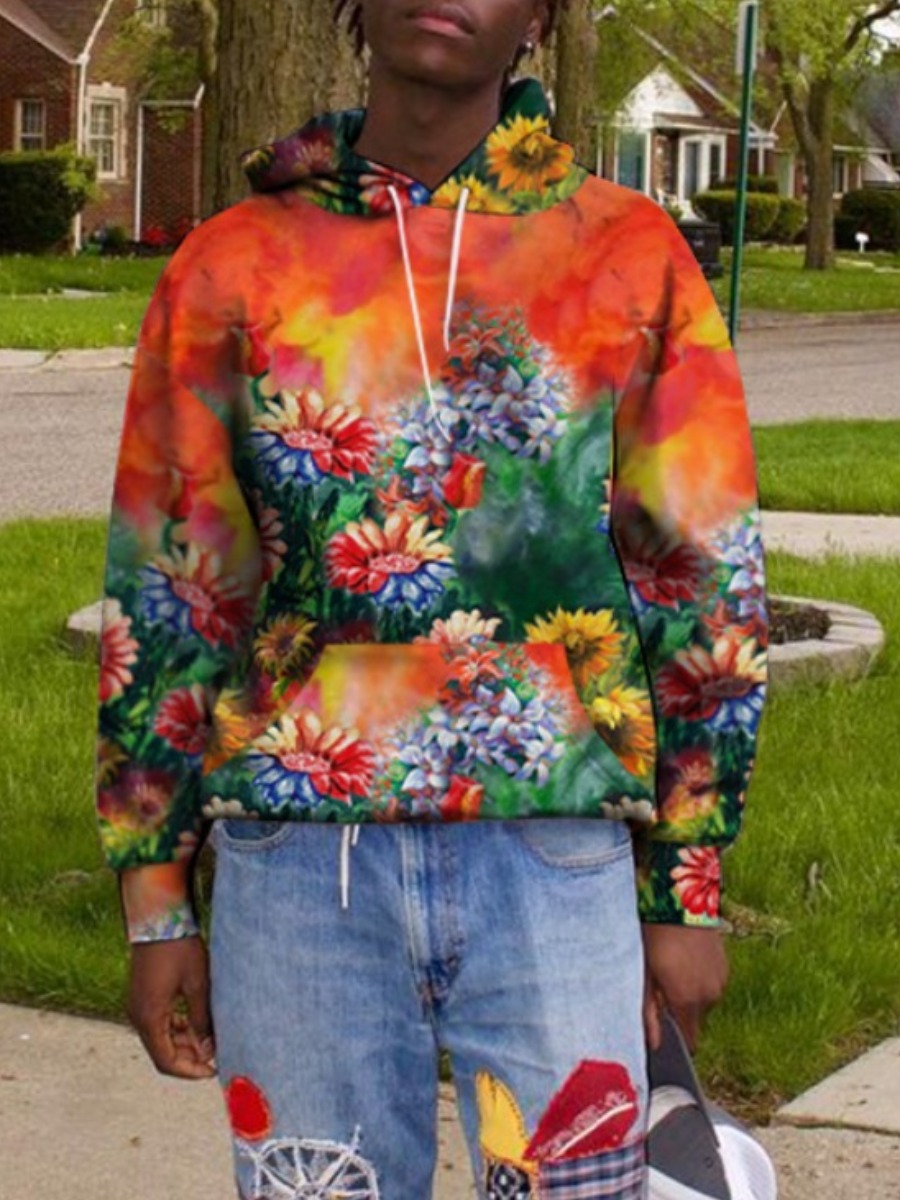 

Lovely Men Sunflower Hooded Collar Floral Print Oversized Hoodie, Red