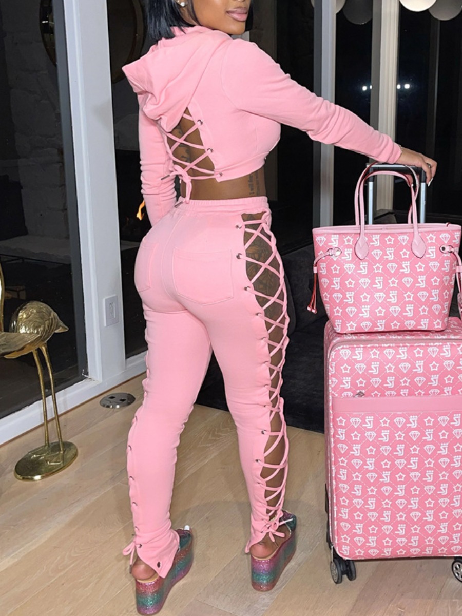 LW Drawstring Backless Crop Top Tracksuit Set