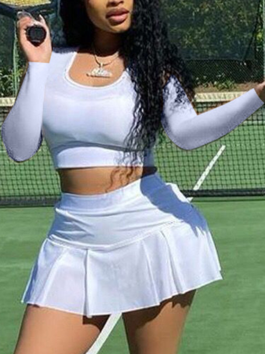 

LW U Neck Fold Design Two Piece Skirt Set, White