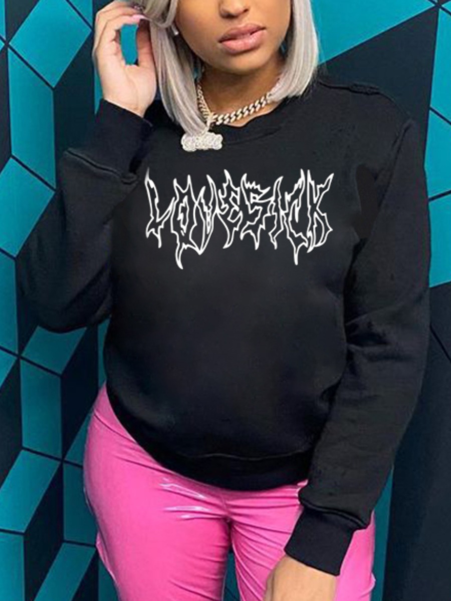 

LW BASICS Round Neck Letter Print Oversized Hoodie, Black