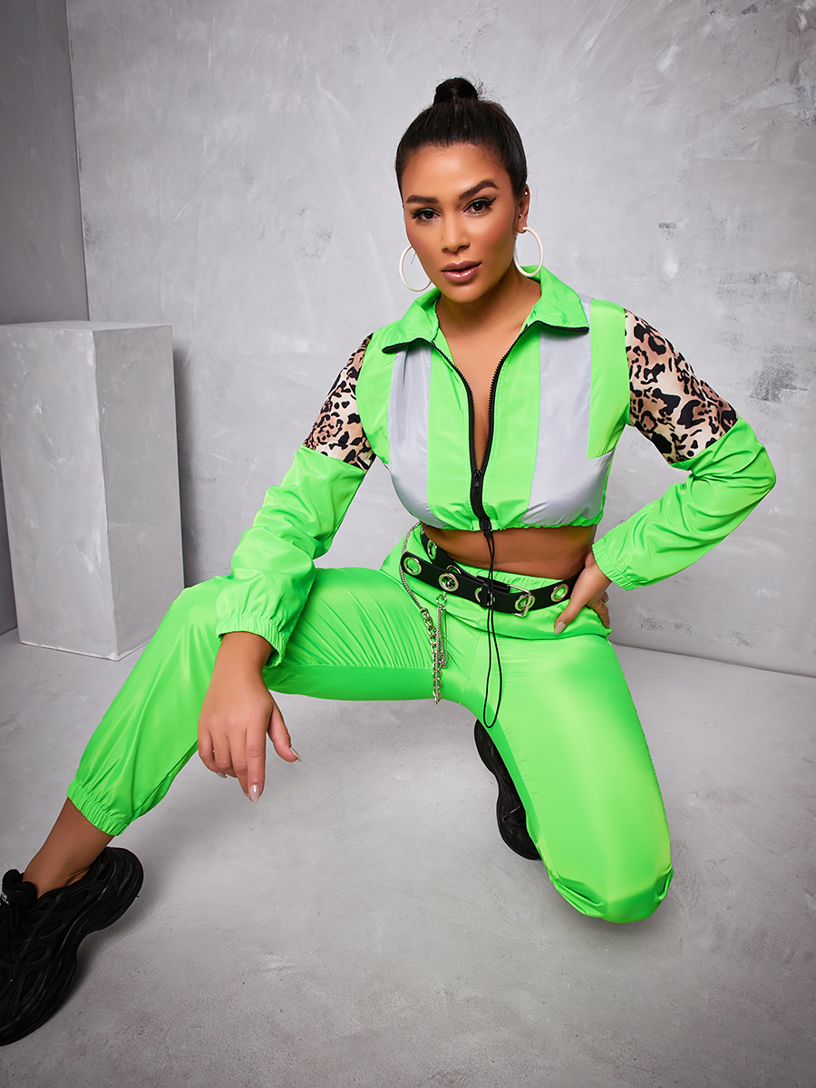 

LW Leopard Print Patchwork Two Piece Pants Set, Green
