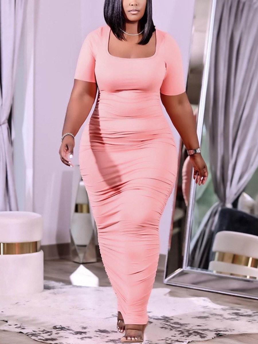 

LW Square Neck Fold Design Bodycon Dress, Pink