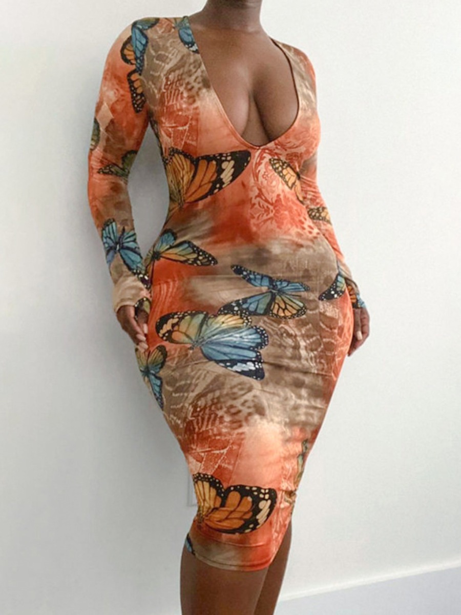

Lovely V Neck Butterfly Print Bodycon Dress, Orange
