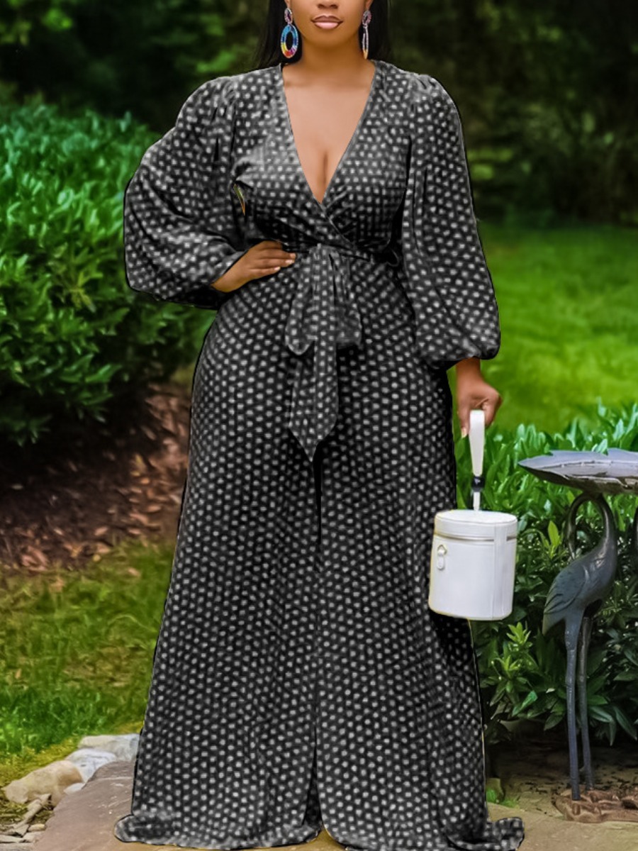 

LW Plus Size Polka Dot Bandage Design Wide Leg One-piece Jumpsuit, Black