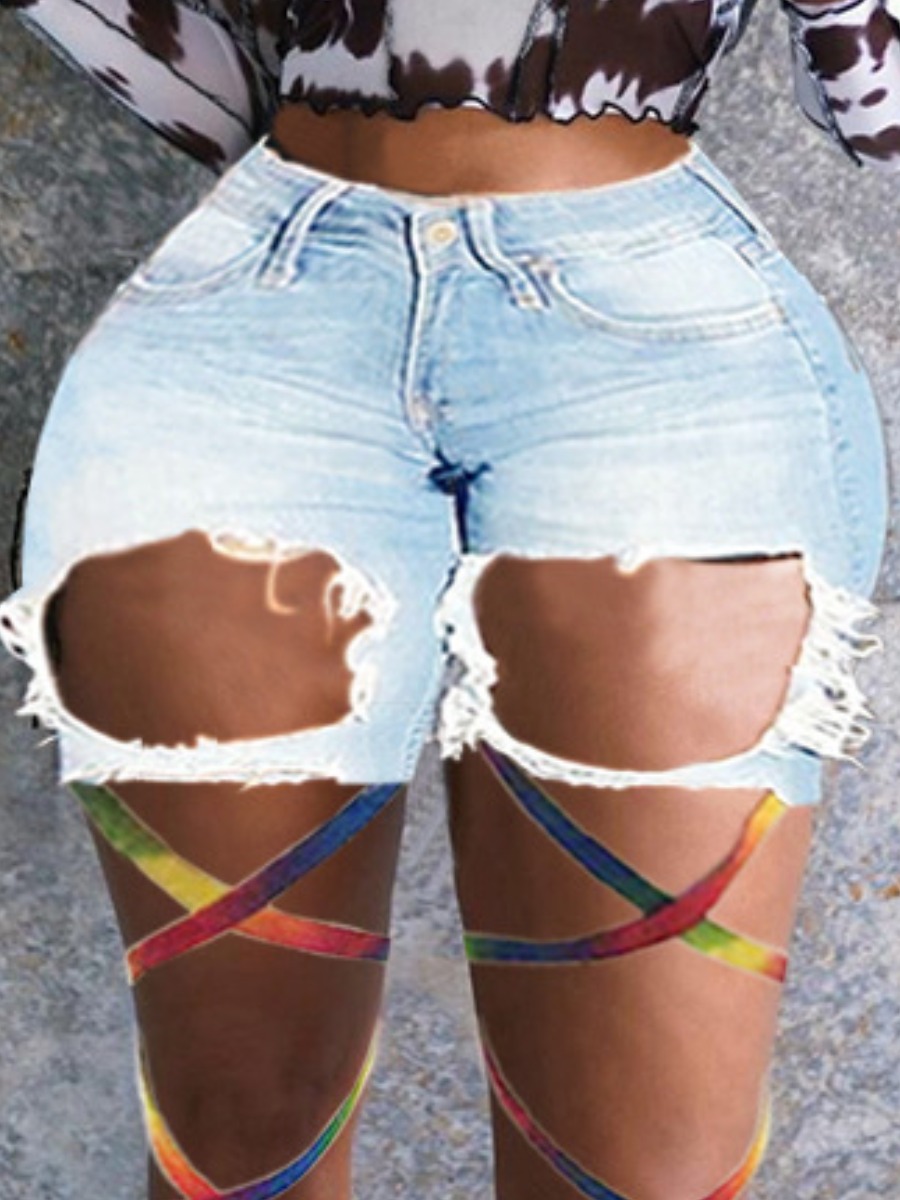 

LW Mid Waist Ripped Denim Shorts, Baby blue