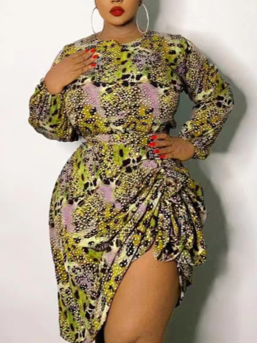 

LW Plus Size Mixed Print Drawstring Dress, Green